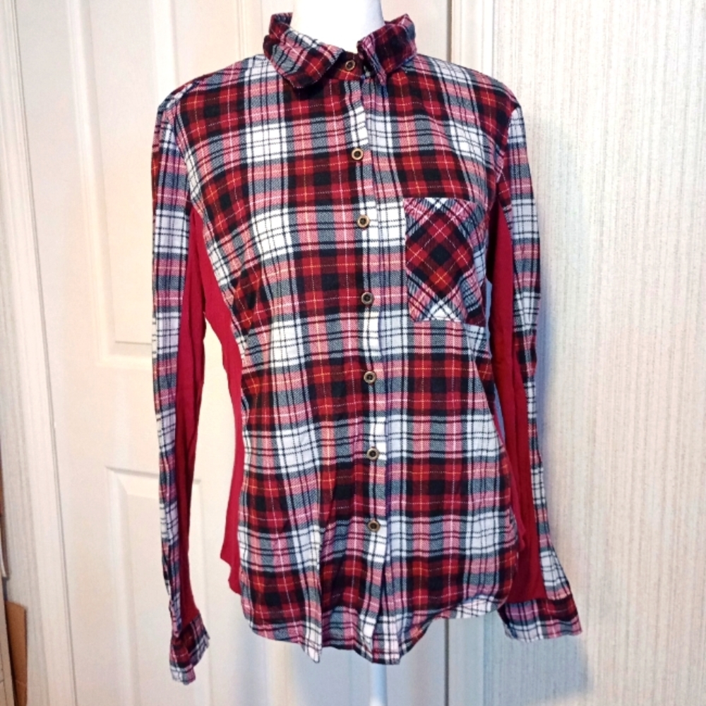 Polly & Esther Women's Size XL Flannel Shirt Side Panels Button Roll Tab EUC